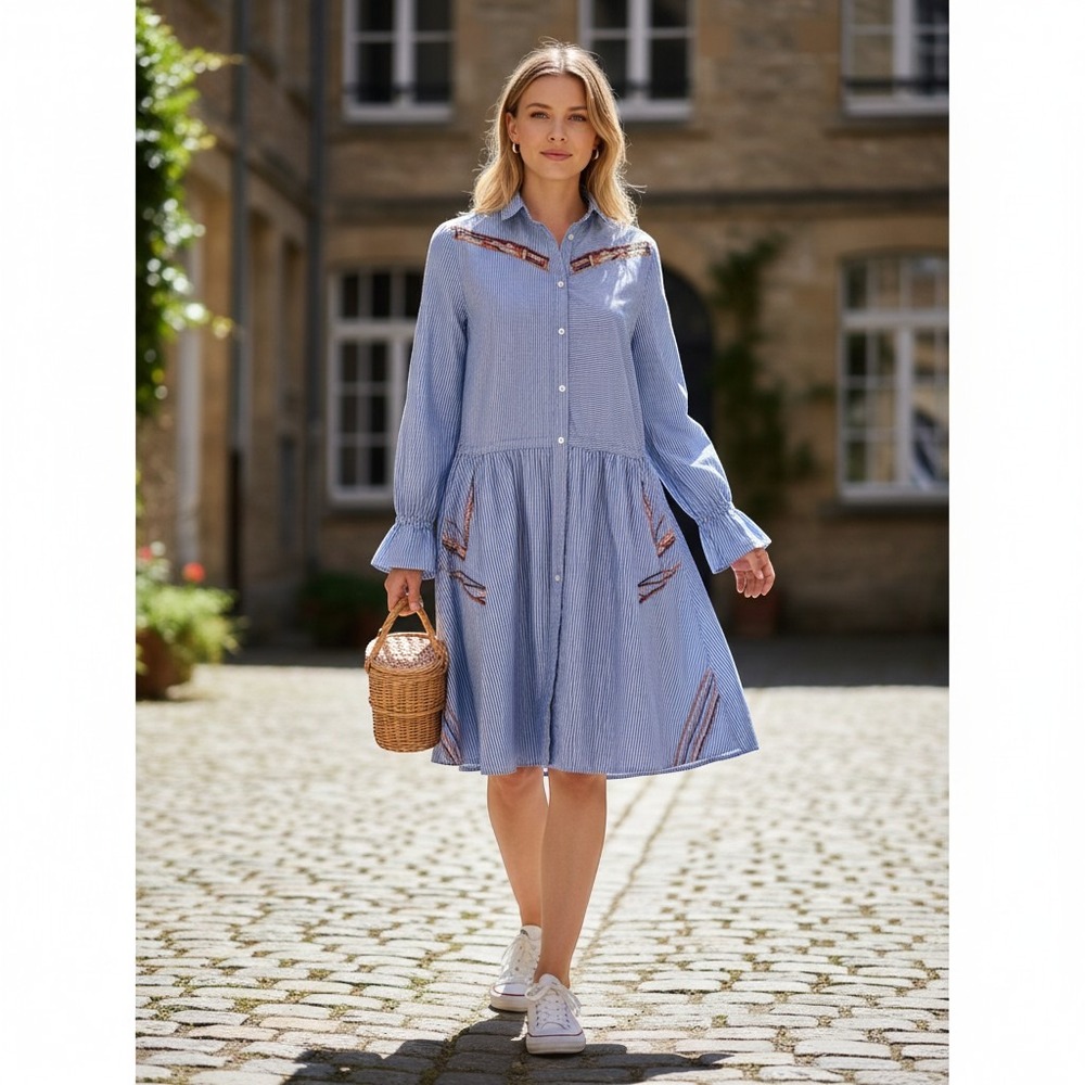 Lindex Blue Boho Cottagecore Embroidered Shirt Dress Cotton Long Sleeve Small